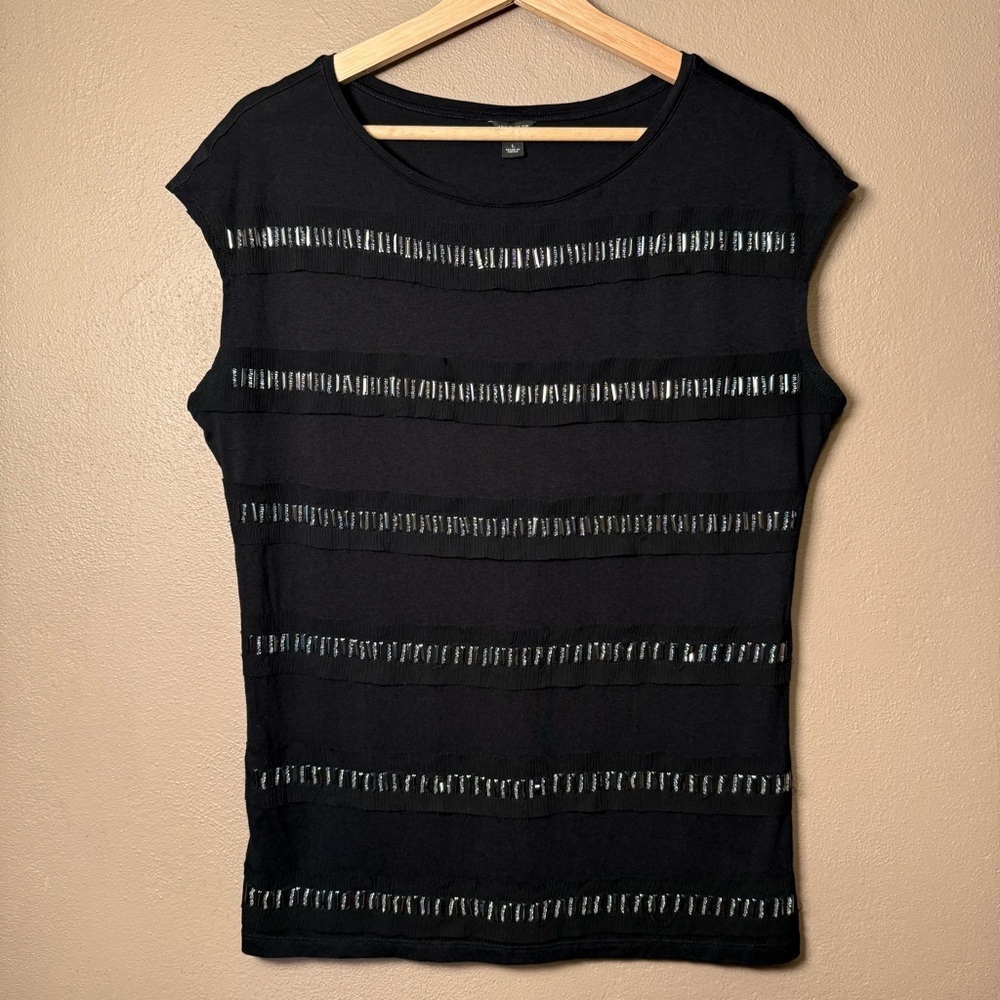 Ann Taylor Black Sleeveless Top with Beaded Embellishments Size Large Textured